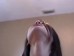 Brunette chick sucks a long dong like her life depends on it