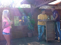 Blonde girl Ivana Sugar gets fucked by two guys outdoors