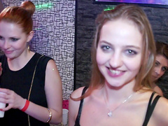 Horny guys get their cocks pleased by cute babes at the party