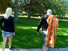 Lovely blonde Rachel La Rouge gets surprised with a dick outdoors