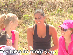 Horny girls get their wet cunts fucked outdoors by handsome guys