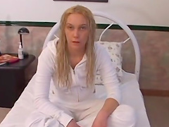 Young blonde cutie finally gets to finger her shaved pussy