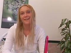 Young blonde cutie finally gets to finger her shaved pussy