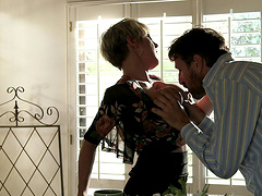 Blonde Dee Williams gets talked into screwing hard on the couch