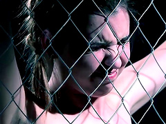 Sweet girl gets tied up to the fence by two naughty girls