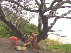 Two lucky guys get their hard cocks pleased by naughty Mandy Saxo