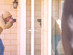 Tight busty brunette teen Amia Miley sits on a fat cock and rides it