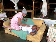 Horny cougar Eva gets her hairy pussy banged by a dark cock