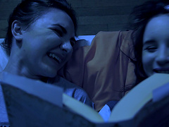 Brunette teen babes Kelsey Kage and Lily Moon share their friends cock