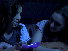 Brunette teen babes Kelsey Kage and Lily Moon share their friends cock