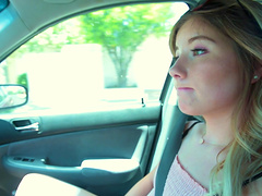 Tiny blonde teen babe Vienna Rose takes a big cock down her throat