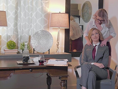 Blonde lesbian babes Alexa Grace and Arya Fae strip in an office