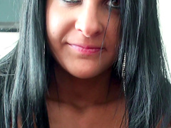 Dark haired teen babe Mia Banks makes a cock hard in her mouth