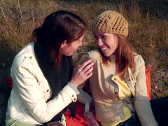 Slim girl Kara Price and another lesbian have fun outdoors