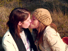 Slim girl Kara Price and another lesbian have fun outdoors