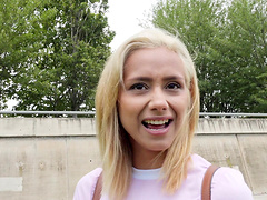 Young blonde chick Veronica Leal has to suck a dick outdoors