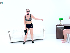 Slim hottie Wendy Moon teases a guy by stripping in front of him