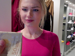 Sexy blonde girlfriend takes money and gets fucked in the public