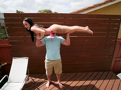 Petite brunette girl Kylie Martin gets fucked in the back-yard