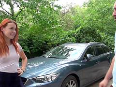 Redhead hottie Charlie lets a stranger fuck her in the car