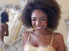 Curly haired ebony teen Luna Corazon pounded on a chair