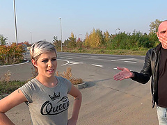 Short haired busty MILF Ruth flashes tits in public and gets fucked