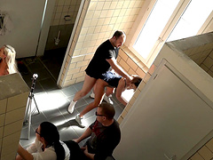 Long haired college babe Natalie Hot fucked in a restroom orgy