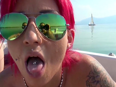 Two busty redhead teen babes share one lucky cock and cum on a boat