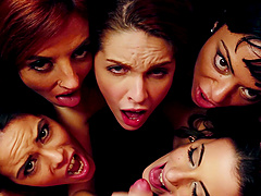 Blow bang for a lucky cock with Amarna Miller and three more sluts