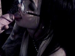 Hardcore threesome with cum shots for Holly D with glasses on