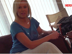 Blonde babe Anna Joy gets a cum shot in mouth after a blowjob