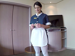 Brunette Latina maid Pamela Silva seduced to suck and ride a cock