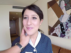 Brunette Latina maid Pamela Silva seduced to suck and ride a cock