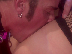 Redhead nympho slut Janet Mason fucks in a fishnet bodysuit