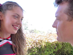 Curly haired blonde teen babe seduced by an older guy