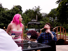 Misha Mayfair fucks two guys in a public park with a happy ending