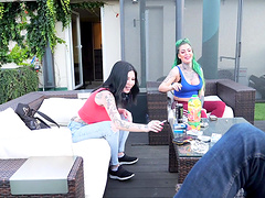 Punk MILF babes Megan Inky and Phoenix Madina receive anal penetration