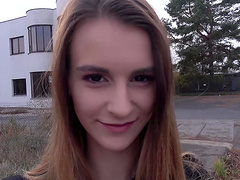 Brunette teen babe Adelle picked up on the street and fucked in a car