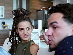 Sloan Harper swallows cum after a hardcore clothed sex session