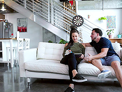 Sloan Harper swallows cum after a hardcore clothed sex session