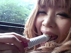 Public anal toying with Japanese brunette babe in a car
