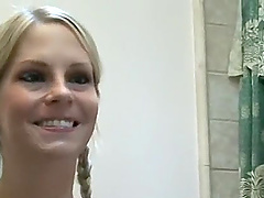 Blonde teen with pigtails deep throats and swallows cum