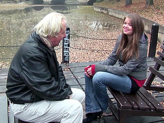 Brunette teen Jenny Noel sucks and rides and older mans cock