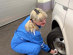 Busty blonde tattooed MILF Sarah pounded hard in a car