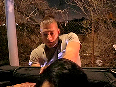 Tattooed slut Romi Rain ravaged by two studs in a van