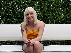 Petite blonde Naomi impales herself on a cock at the casting couch