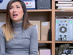 Tattooed shy teen Aubree Ice forced to ride cock in an office