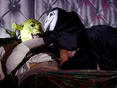 Halloween anal sex with masked Amy Pink and her creepy fucker
