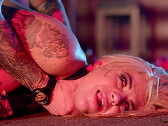 Ball gagged slut Bonnie Rotten squirts and swallows cum