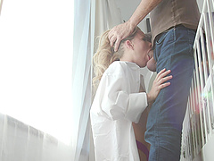 Subtle slender blonde teen Lilly Lit gobbles down a fat dick